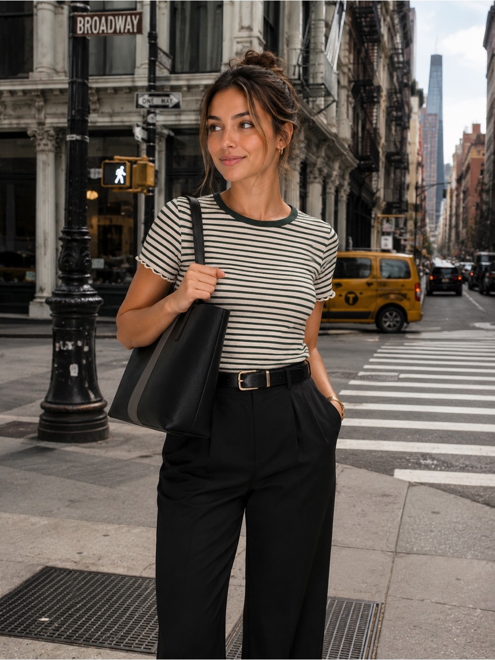Vince Camuto - Leather Tote Bag with Gray Center Stripe